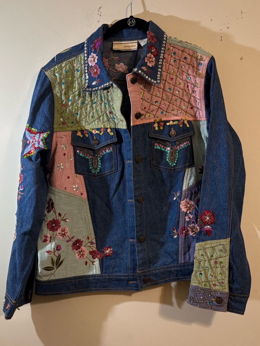 Carrie Allen Designer Women XL Embroidered Sequin & Beaded Denim jacket floral